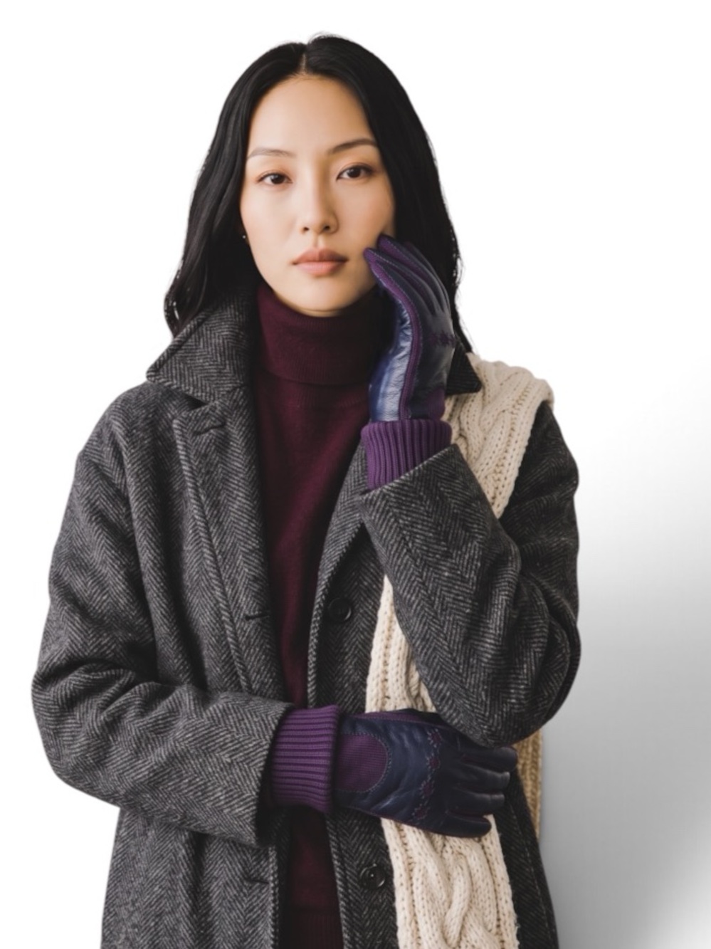 Portolano Navy Leather & Plum Merino Wool Gloves Size 7ยฝ